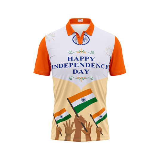 India Independence Day patriotic polo t-shirt featuring waving Indian flags, Happy Independence Day typography and Ashoka Chakra artwork