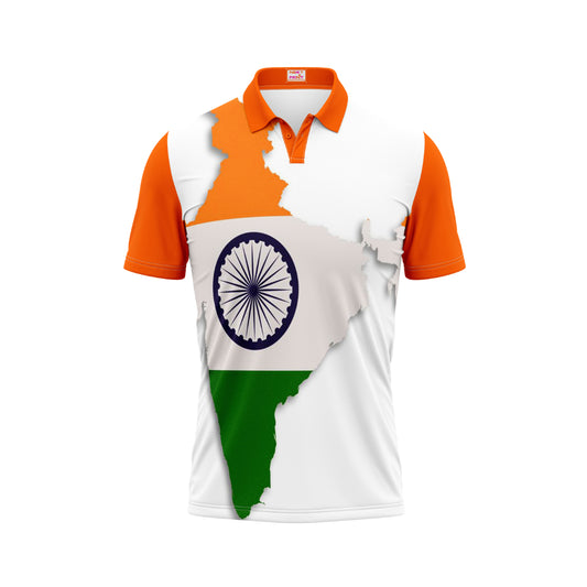 India Independence Day patriotic polo t-shirt featuring India map silhouette and Ashoka Chakra tricolor design