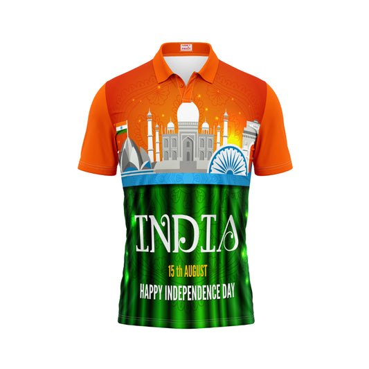 India Independence Day polo t-shirt featuring Indian monuments, Ashoka Chakra and 15 August patriotic design