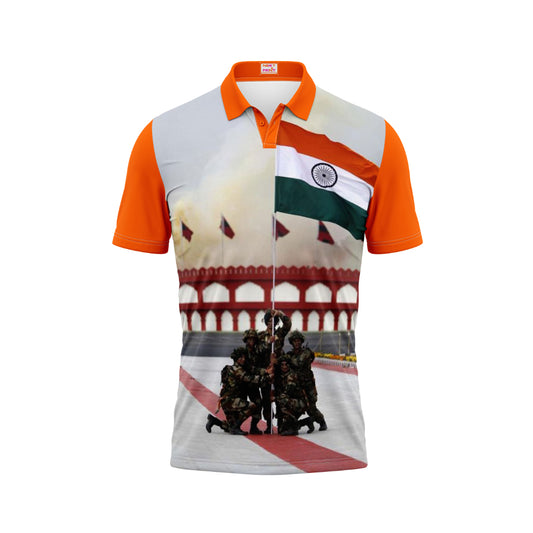 India Independence Day Soldier Flag Hoisting Patriotic Polo T Shirt featuring Indian Army tribute and national flag design | NextPrint