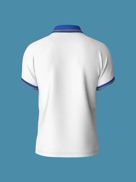 Next Print . ICC Champions Trophy 2025 Men White and Royal Blue Solid Half Sleeves PoloJersey T-Shirt.