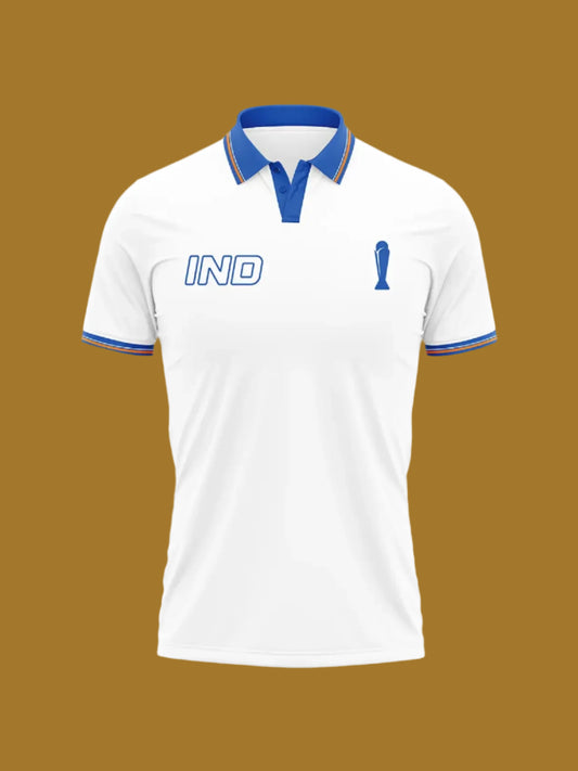 Next Print . ICC Champions Trophy 2025 Men White and Royal Blue Solid Half Sleeves PoloJersey T-Shirt.