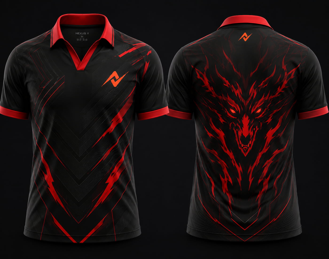 Front and back view of Inferno Blaze black and red V-neck esports polo jersey featuring dragon artwork with side chest logo and back neck logo placement.