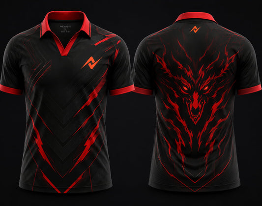 Front and back view of Inferno Blaze black and red V-neck esports polo jersey featuring dragon artwork with side chest logo and back neck logo placement.