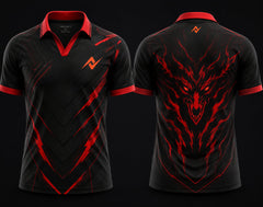 Front and back view of Inferno Blaze black and red V-neck esports polo jersey featuring dragon artwork with side chest logo and back neck logo placement.