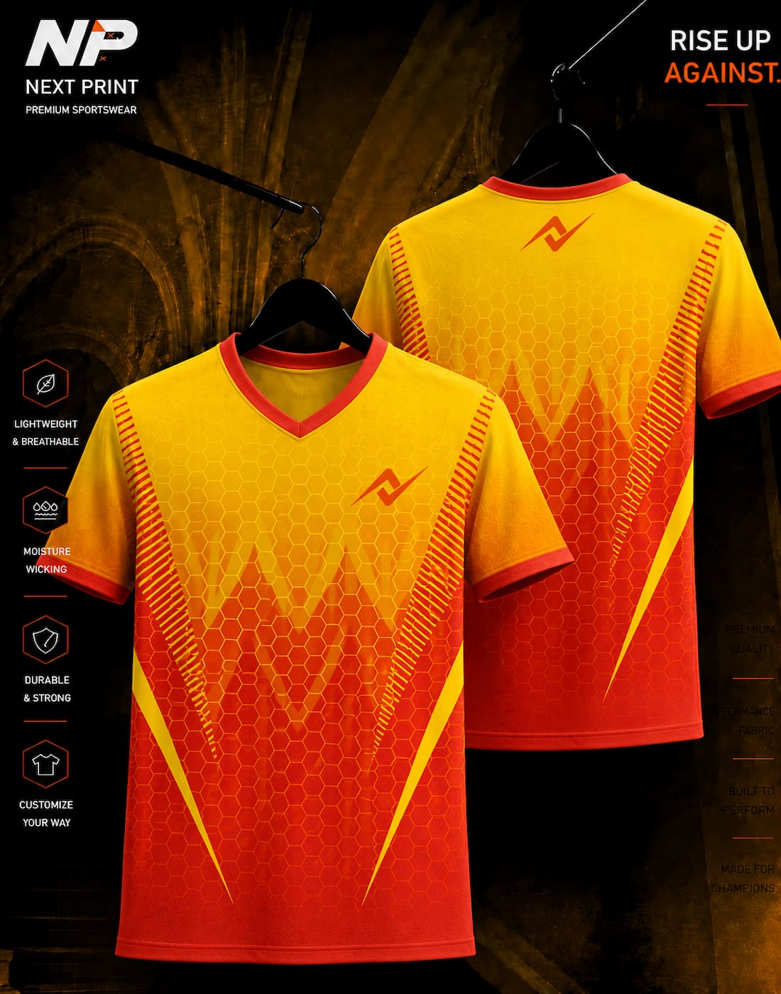 Inferno Collection Blaze Hex Red Yellow V-Neck Sublimation Sports Jersey Front and Back Mockup