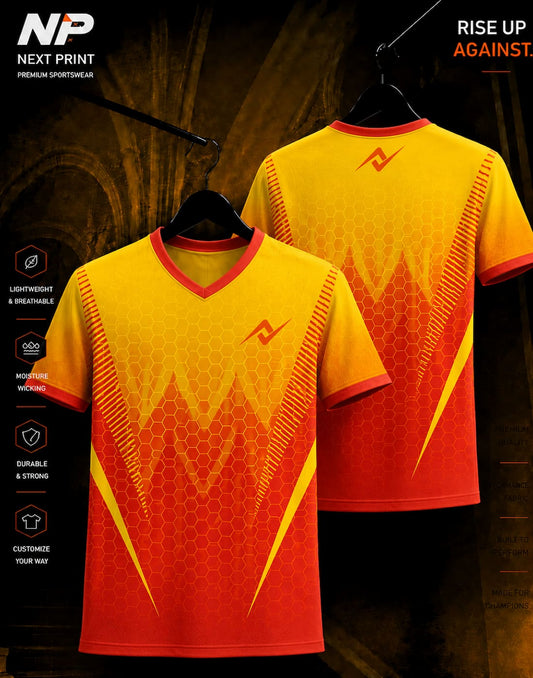Inferno Collection Blaze Hex Red Yellow V-Neck Sublimation Sports Jersey Front and Back Mockup