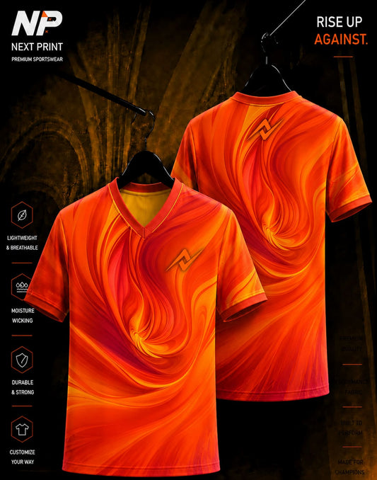 Inferno Collection Flame Flow Orange Fusion V-Neck Sublimation Sports Jersey Front and Back Mockup