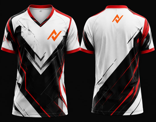 Front and back mockup of a white, black, and red V-neck esports jersey featuring sharp geometric graphics with an orange chest logo and back neck logo.