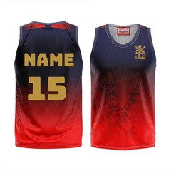 Front and back view of a custom sleeveless red and charcoal basketball jersey with personalized player name and number.