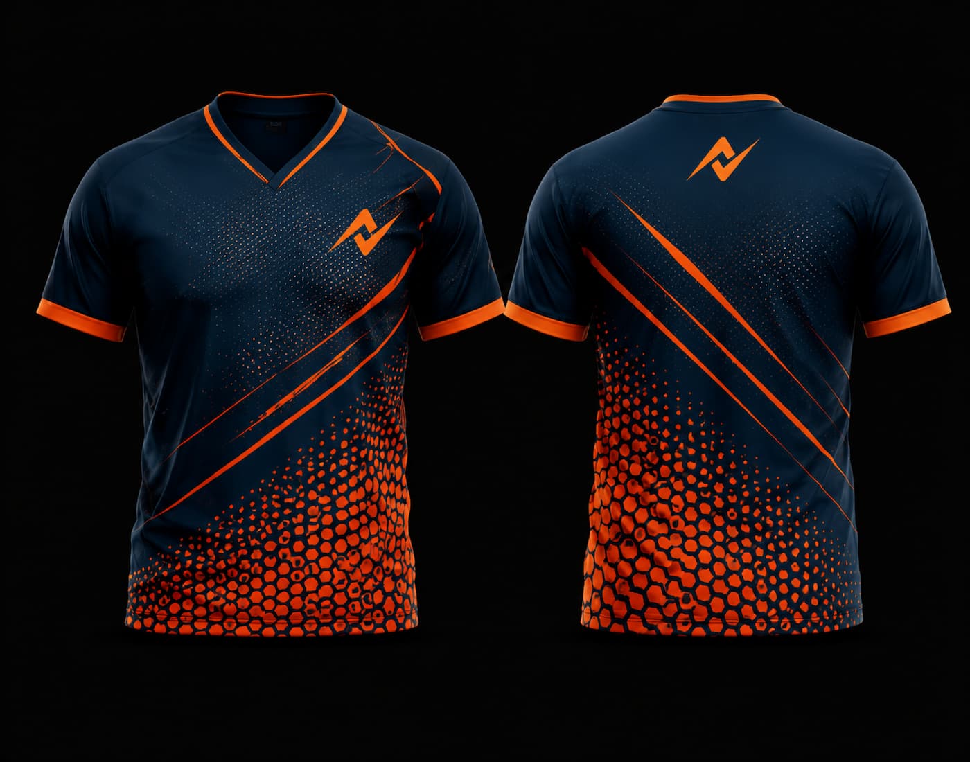 Front and back view of a navy blue and orange V-neck cricket jersey with hexagonal graphics, diagonal accents, custom chest logo, and back neck logo.