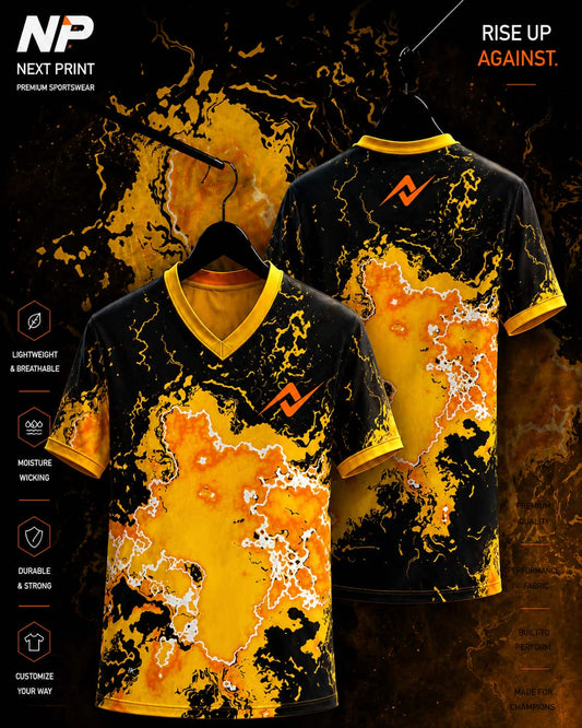 Inferno Lava black yellow and orange sublimation V-neck custom sports jersey by Next Print