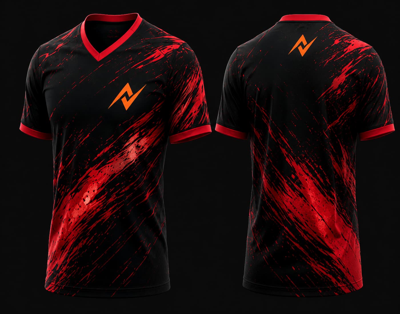 Front and back view of a black and red V-neck esports jersey featuring dynamic red paint-stroke graphics with an orange team logo on the chest and upper back.