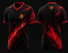 Front and back view of a black and red V-neck esports jersey featuring dynamic red paint-stroke graphics with an orange team logo on the chest and upper back.