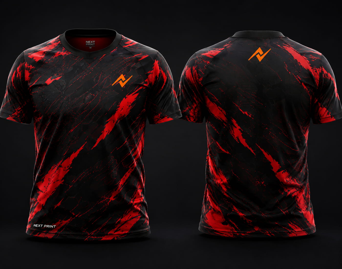 Front and back view of Inferno Strike premium red and black esports jersey featuring aggressive slash graphics, round neck collar, and professional gaming apparel styling.