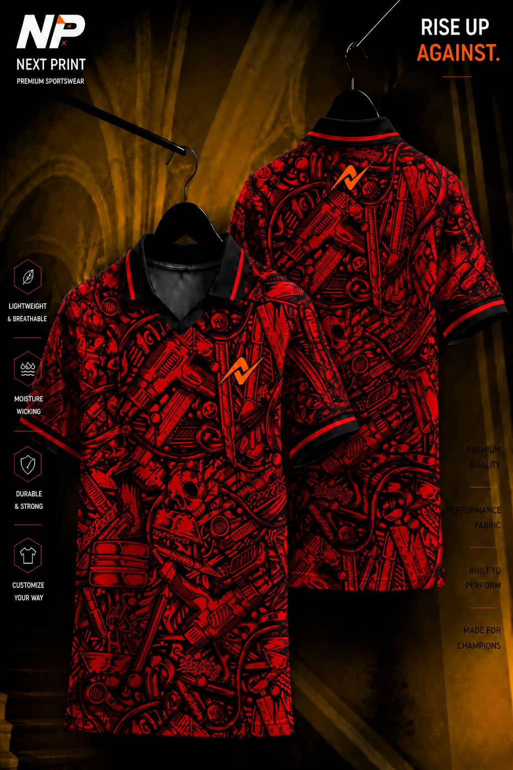 Front and back view of a red and black polo sports jersey featuring an intricate mechanical graphic pattern on premium dry-fit fabric.