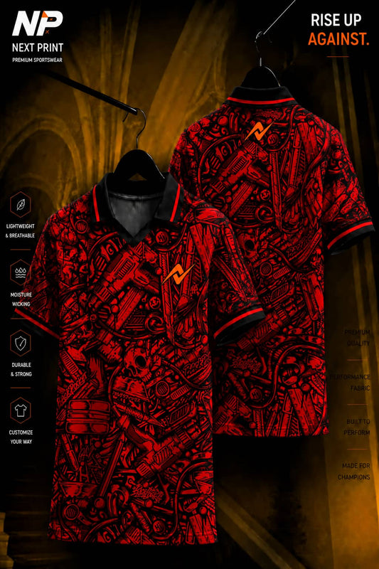 Front and back view of a red and black polo sports jersey featuring an intricate mechanical graphic pattern on premium dry-fit fabric.