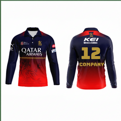 Custom IPL RCB Full Sleeve Cricket Jersey with Name and Number Red Blue Sports T Shirt