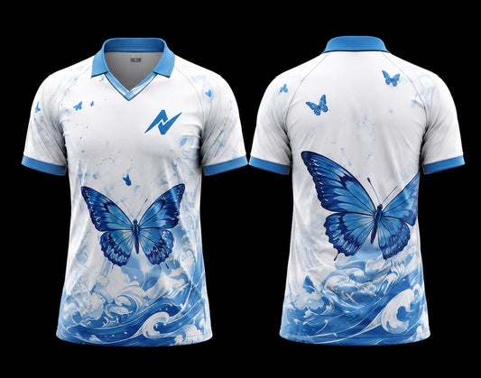 Front and back view of a white and blue K-Pop polo collar jersey featuring butterfly artwork and ocean wave graphics.