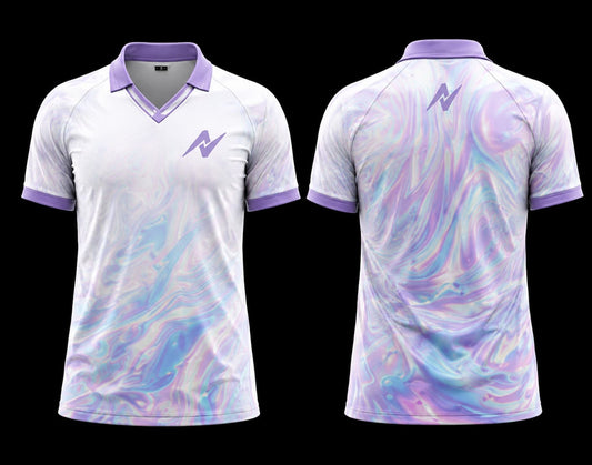 Front and back view of a white and lavender holographic K-Pop polo collar esports jersey featuring an iridescent marble pattern.