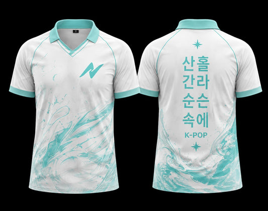 White and aqua K-Pop Mint Stream polo collar esports jersey featuring elegant marble wave artwork with front and back views.