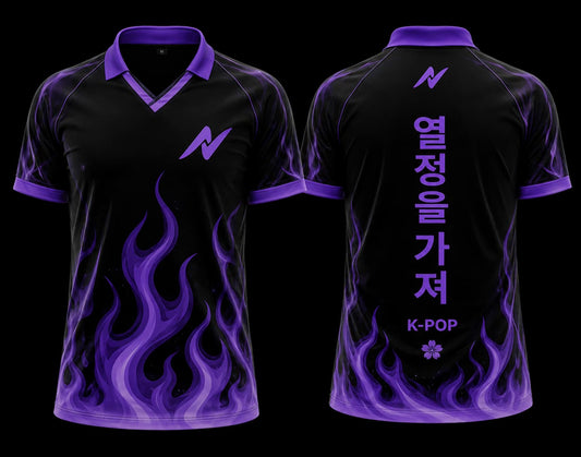 Front and back view of a black and purple K-Pop Purple Flame polo collar jersey featuring vibrant purple flame graphics and a futuristic streetwear-inspired design.