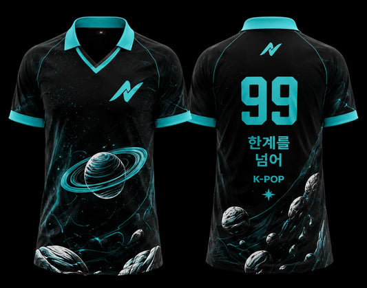 Front and back view of a black and cyan K-Pop Void Space polo collar esports jersey featuring galaxy planets and futuristic space graphics.