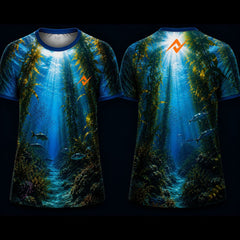 Premium Kelp Forest Ocean Sublimation Round Neck Sports Jersey front and back view featuring underwater seaweed forest artwork with tropical fish and blue ocean design by Next Print.