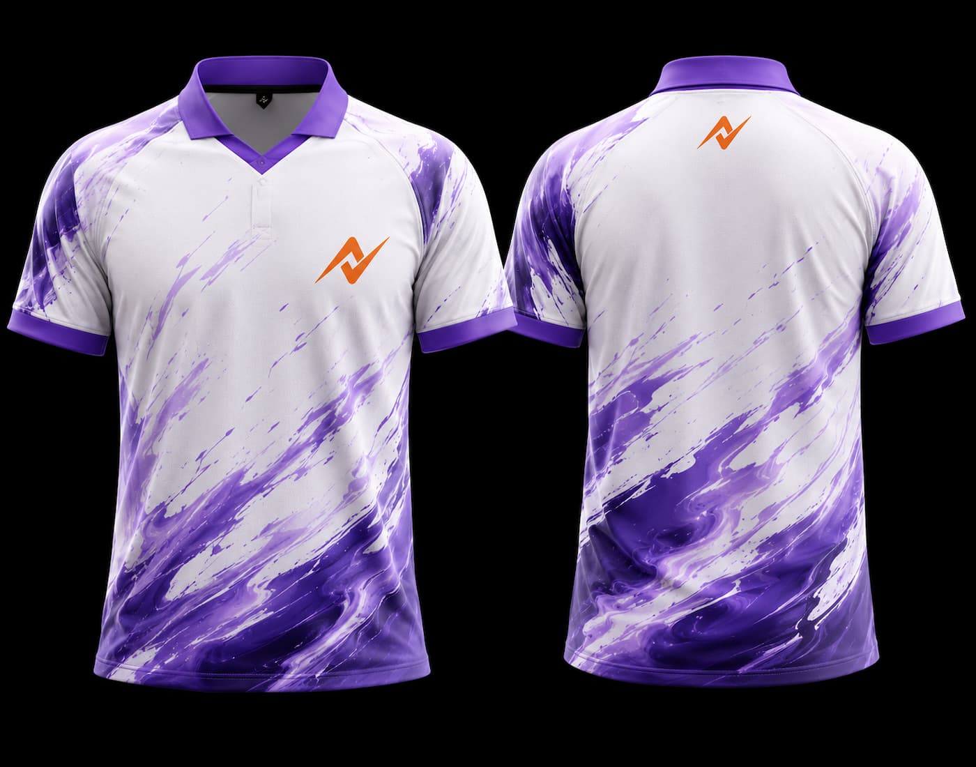 White and purple K-Pop inspired esports jersey with abstract wave graphics, orange chest logo, and matching back neck logo shown from front and back.