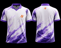 White and purple K-Pop inspired esports jersey with abstract wave graphics, orange chest logo, and matching back neck logo shown from front and back.