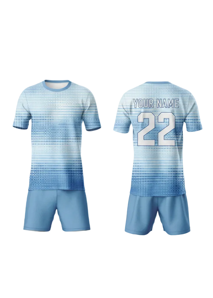 Light blue custom sports jersey with matching shorts for cricket, football and team sports uniform front and back view design in India