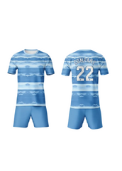 Light blue striped custom sports jersey with matching shorts for cricket, football and volleyball team uniform sublimation printing front and back view