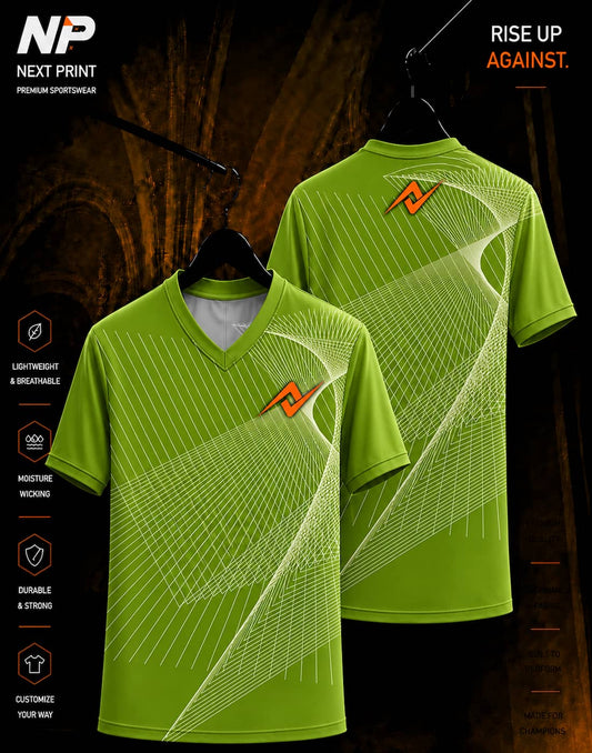 Lime green abstract wave line sublimation V-neck sports jersey front and back by Next Print