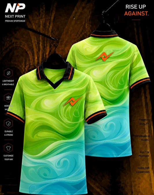 Lime green and aqua blue abstract wave polo sports jersey front and back by Next Print