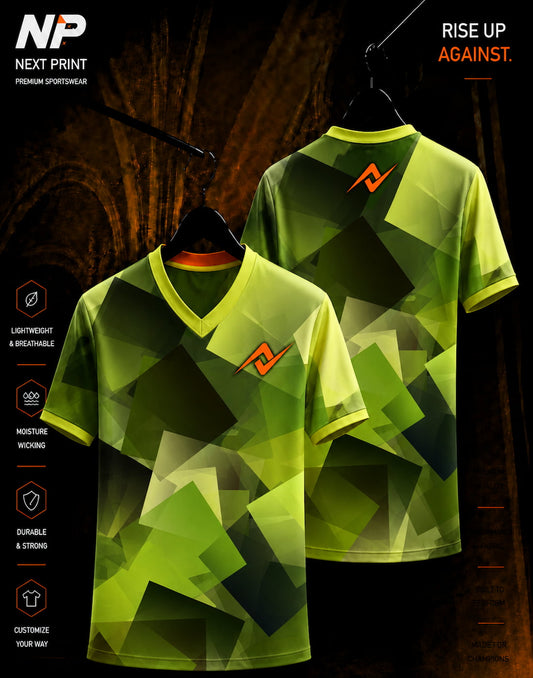 Lime green geometric abstract sublimation V-neck sports jersey front and back by Next Print