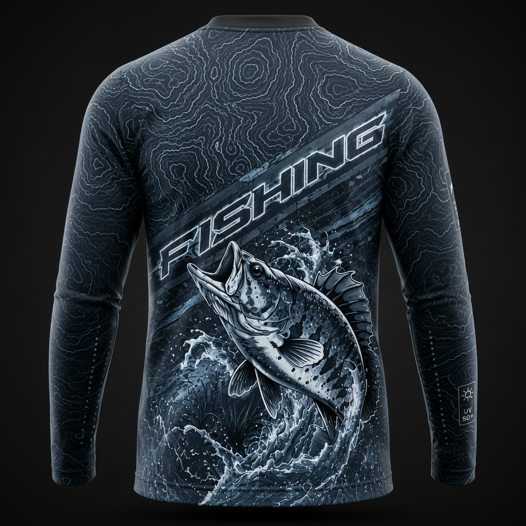 Tactical Fishing Performance Shirt for Men – UV 50+ Long Sleeve Angler Jersey | Black Topographic Fish Graphic