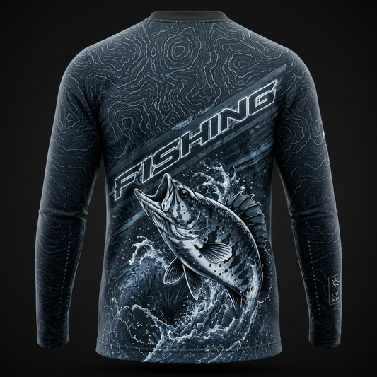 Tactical Fishing Performance Shirt for Men – UV 50+ Long Sleeve Angler Jersey | Black Topographic Fish Graphic