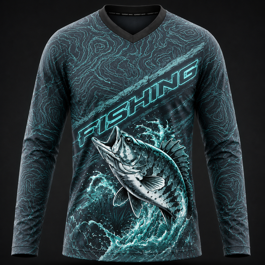 Men’s long sleeve bass fishing T-shirt with topographic aqua black design and premium fish graphic artwork for anglers.