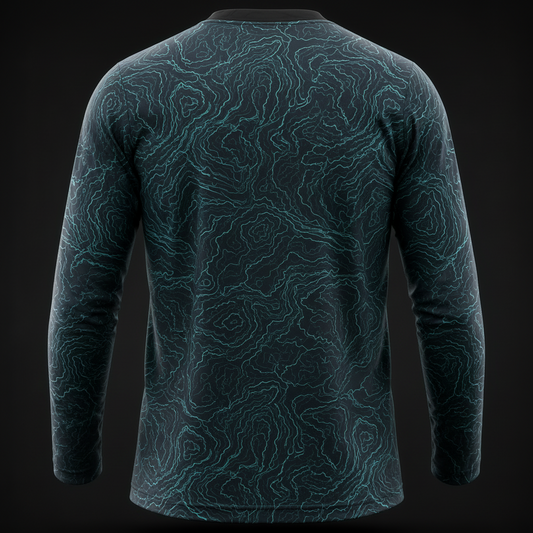 Bass Fishing T-Shirt for Men – Topographic Long Sleeve Performance Fishing Tee in Aqua Black