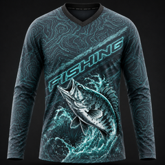 Men’s long sleeve bass fishing T-shirt with topographic aqua black design and premium fish graphic artwork for anglers.