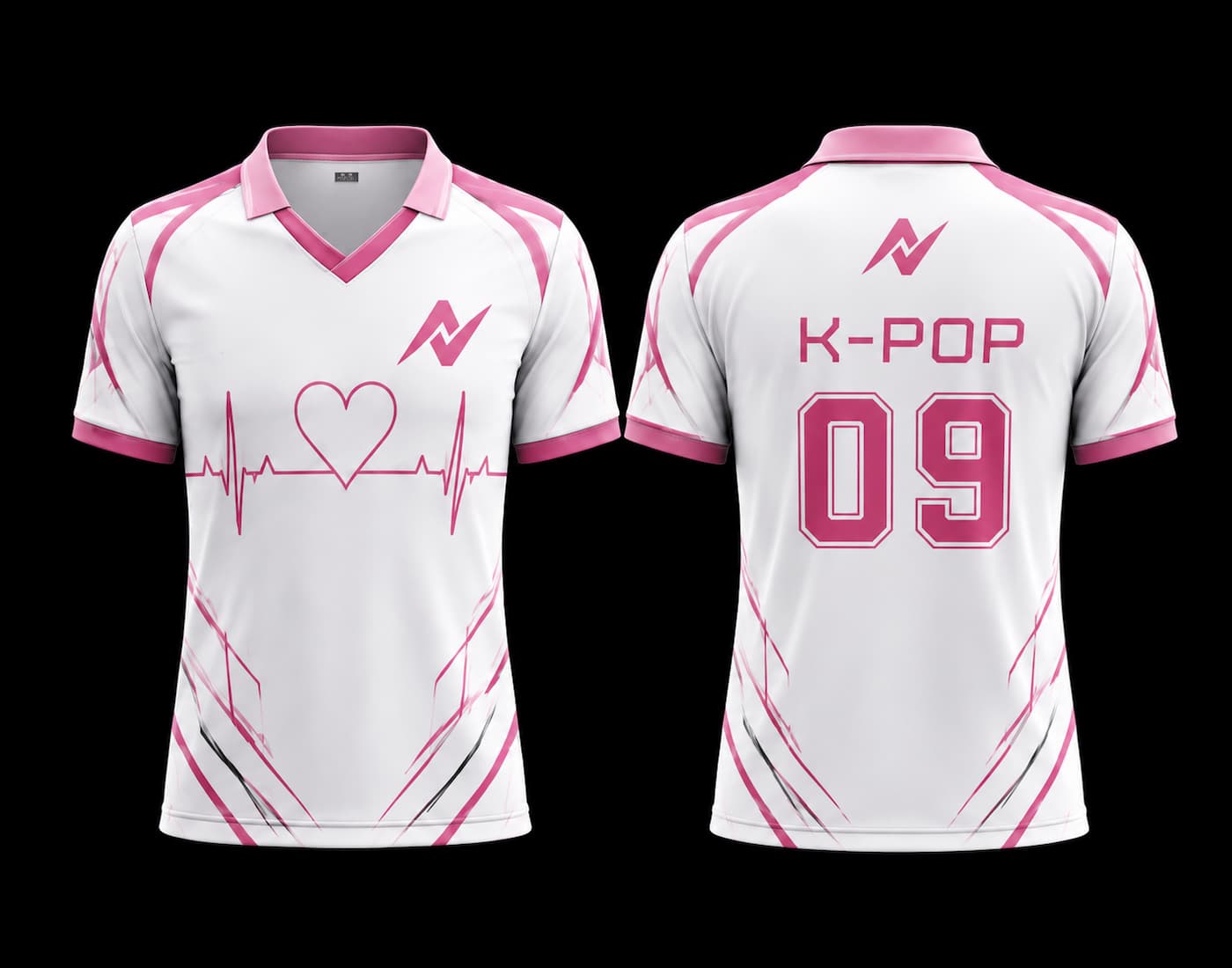 Front and back view of a white and pink V-neck polo K-pop jersey featuring a heartbeat line, heart graphic, premium sublimation print, and customizable design.