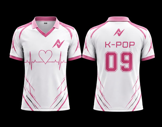 Front and back view of a white and pink V-neck polo K-pop jersey featuring a heartbeat line, heart graphic, premium sublimation print, and customizable design.