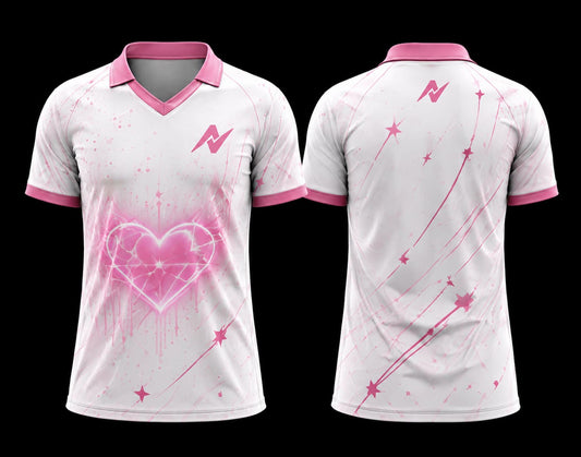 Front and back view of the Love Spark K-Pop V-Neck Polo Collar Jersey featuring white and pink colors with glowing heart artwork and shooting star graphics.