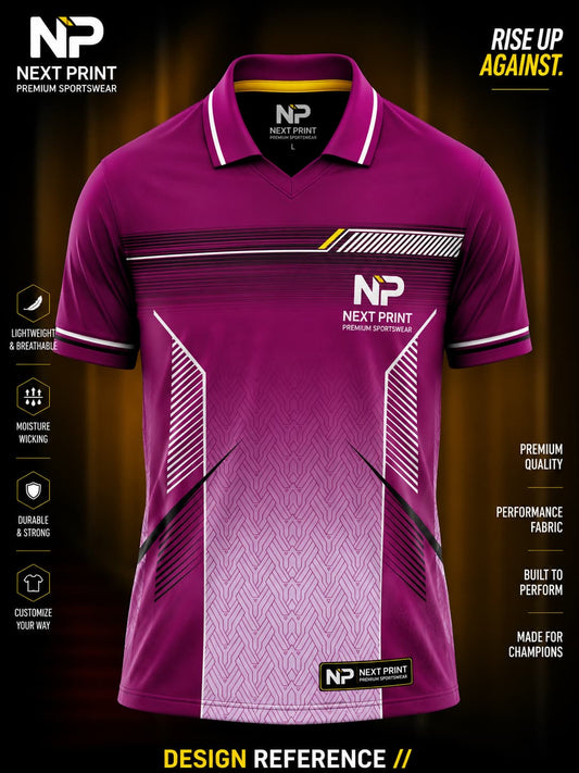 Front view of a magenta elite polo sports jersey featuring geometric graphics, white panel detailing, and premium dry-fit performance fabric.