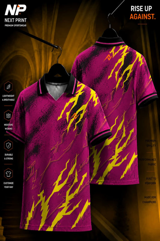 Front and back view of a magenta lightning strike polo sports jersey featuring bold yellow graphics and premium dry-fit performance fabric.