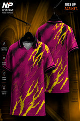 Front and back view of a magenta lightning strike polo sports jersey featuring bold yellow graphics and premium dry-fit performance fabric.