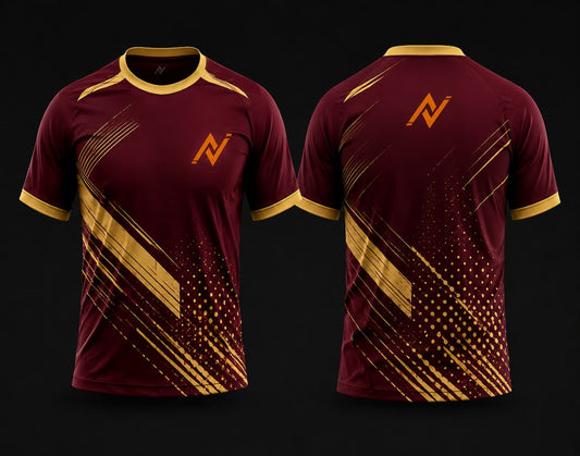 Front and back view of a premium maroon and gold round neck cricket jersey featuring diagonal gold streak graphics with orange chest and back logos.