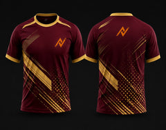 Front and back view of a premium maroon and gold round neck cricket jersey featuring diagonal gold streak graphics with orange chest and back logos.