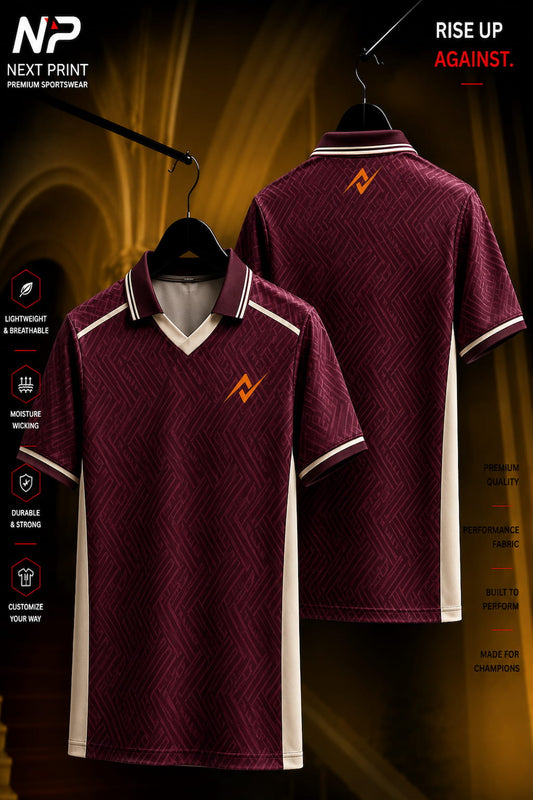 Premium maroon polo sports jersey with geometric pattern, ivory side panels, and dry-fit performance fabric shown from front and back.