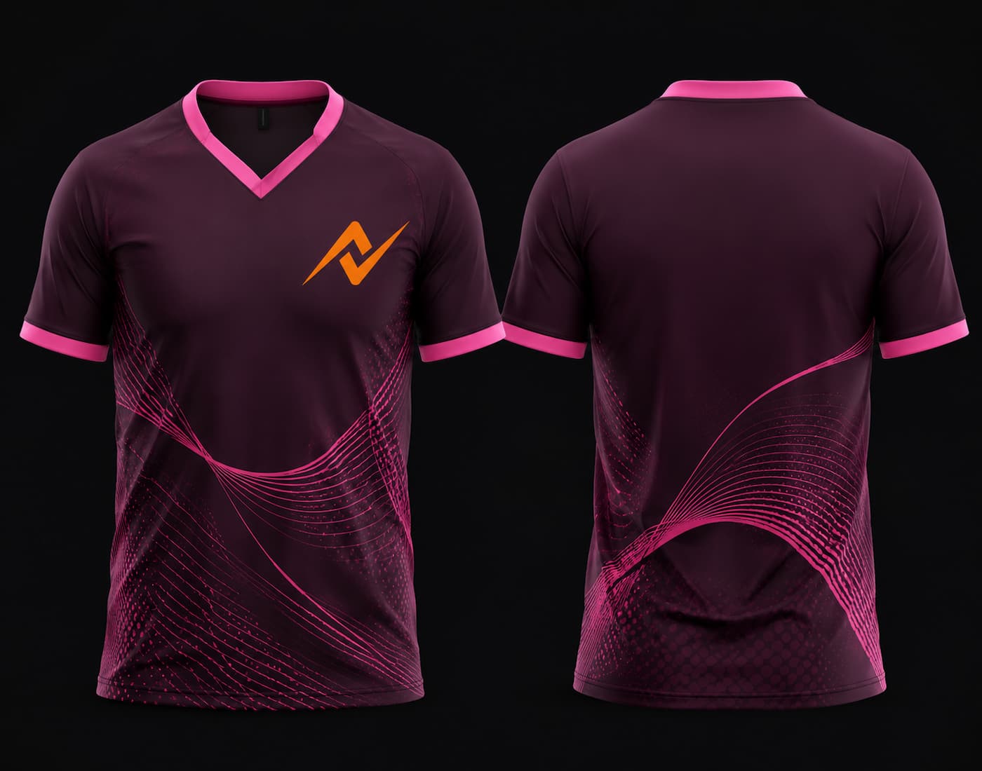 Maroon and pink V-neck cricket jersey with modern wave sublimation design shown from front and back with blank back.
